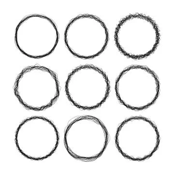 Set of 9 round grunge wire style black vector frames Illustrazione stock