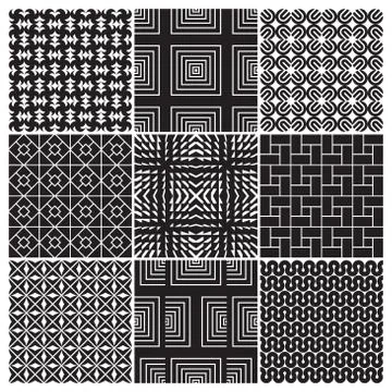 Set of 9 seamless geometric patterns, vector illustration Illustrazione stock