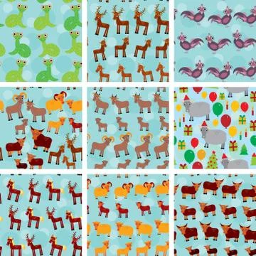 Set of 9 seamless pattern with funny farm animals on  blue background. vector Stock Illustration