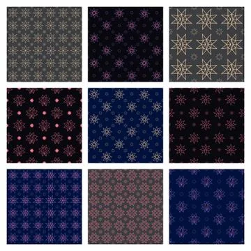 Set of 9 seamless patterns with stars on dark backgrounds Stock Illustration