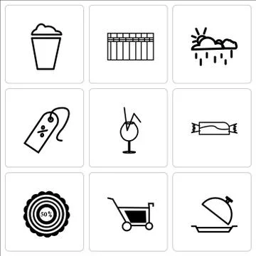 Set Of 9 simple editable icons such as Tray, Shopping, 50% discount tag, Cand Stock-Illustration