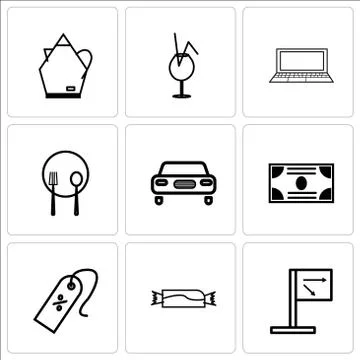Set Of 9 simple editable icons such as Candy, Discount tag arrow, Money, Car, Stock-Illustration
