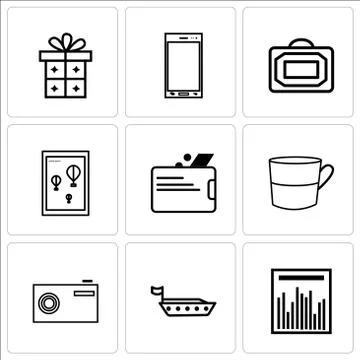 Set Of 9 simple editable icons such as Statistics graph, Ship, Camera, Cup, W Stock Illustration