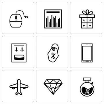 Set Of 9 simple editable icons such as Discount, Diamond, Airplane, Phone, Pr Stock-Illustration