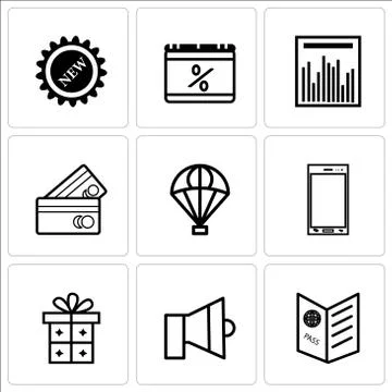 Set Of 9 simple editable icons such as Passport visa, Sound, Gift, Phone, Del Stock Illustration