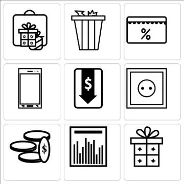 Set Of 9 simple editable icons such as Gift, Statistics graph, Money, Wall po Stock Illustration