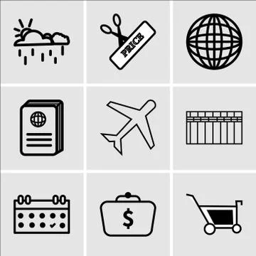 Set Of 9 simple editable icons such as Shopping, Money in bag, Calendar, Heat Stock Illustration