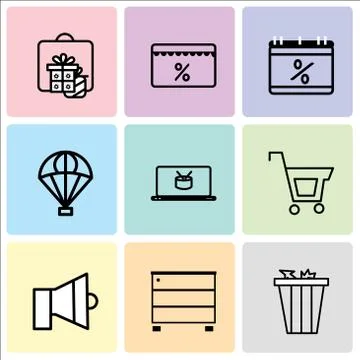 Set Of 9 simple editable icons such as Trash bin, Furniture wardrobe, Sound,  스톡 일러스트
