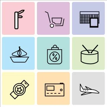 Set Of 9 simple editable icons such as Airplane, Microwave, Watch, clock, Sho Stock Illustration