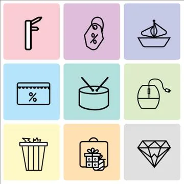 Set Of 9 simple editable icons such as Diamond, Gift, present, Trash bin, Mou Ilustración de archivo