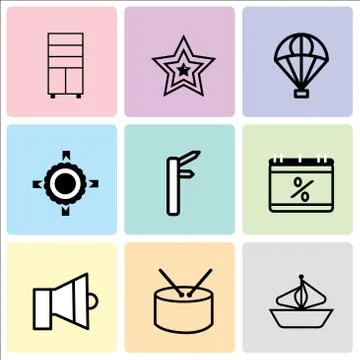 Set Of 9 simple editable icons such as Ship, Shopping bag, Sound, Percent, Ac 스톡 일러스트