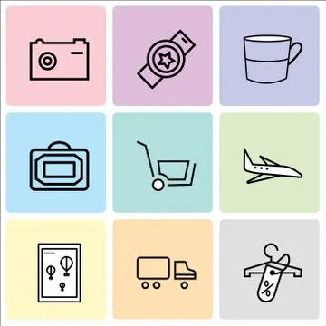 Set Of 9 simple editable icons such as Discount tag on shopping, Shipping car Stock Illustration