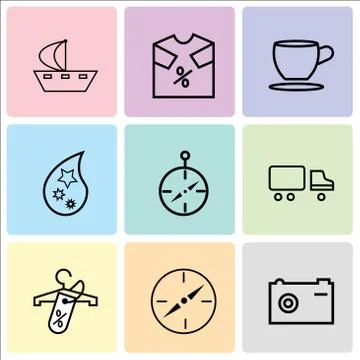 Set Of 9 simple editable icons such as Camera, Compass, Discount tag on shopp Stock Illustration