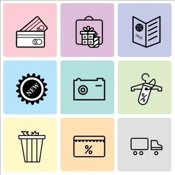 Set Of 9 simple editable icons such as Shipping car, Discount tag, Trash bin, Stock Illustration