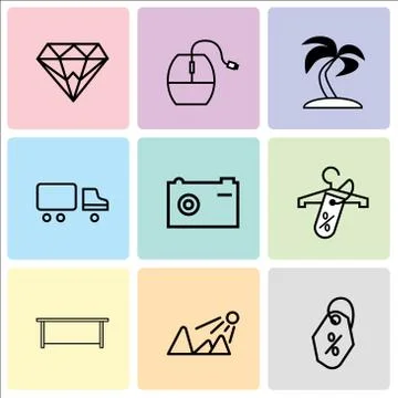 Set Of 9 simple editable icons such as Price tag, Sun shining, Table, Discoun Stock Illustration