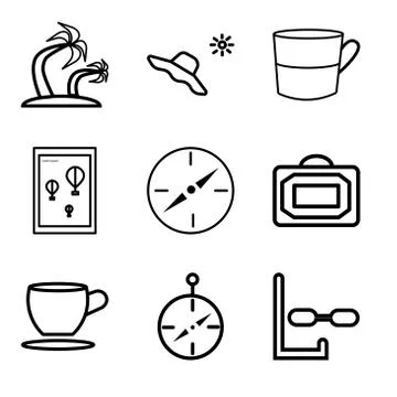 Set Of 9 simple editable icons such as Diver, Compass, Tea or coffee cup, Bag Stock-Illustration