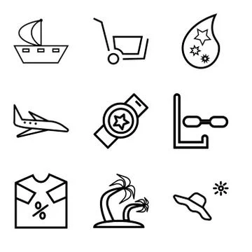 Set Of 9 simple editable icons such as Hat and sun, Palma tree, t-shirt disco Stock Illustration