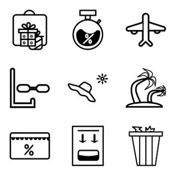 Set Of 9 simple editable icons such as Trash bin, Fuel canister, Discount tag Stock Illustration