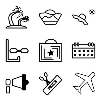 Set Of 9 simple editable icons such as Airplane, Scissors and price, Sound, C Stock Illustration