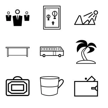 Set Of 9 simple editable icons such as Wallet, Cup, Bag, Palma tree, Bus, Tab Stock Illustration