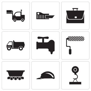 Set Of 9 simple editable icons such as load crane, header, freight wagon, rol Illustrazione stock