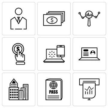 Set Of 9 simple editable icons such as Presentation, passport, building, lapt Ilustración de archivo