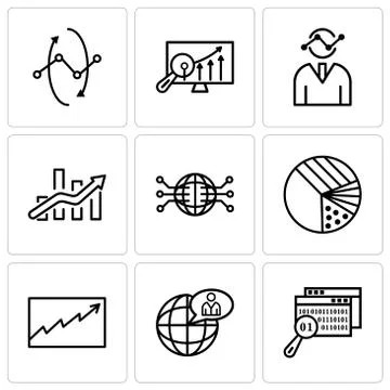 Set Of 9 simple editable icons such as Data search, Global user, Data analyti Stock Illustration