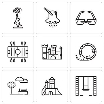 Set Of 9 simple editable icons such as Swings, Playground, Park, Roller coast Stock Illustration