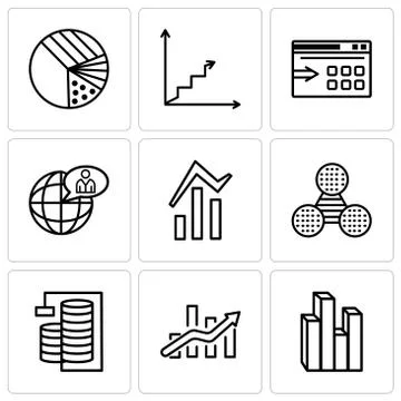 Set Of 9 simple editable icons such as Stream graphic, Bars chart, Database A Illustrazione stock