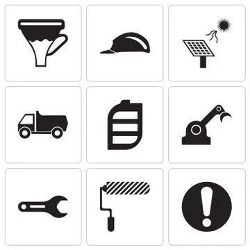 Set Of 9 simple editable icons such as exclamation, roller, pipe wrench, jenn Stock Illustration