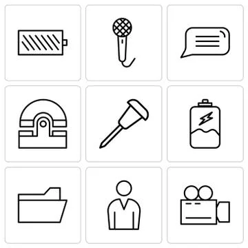 Set Of 9 simple editable icons such as Video camera, Male avatar, File folder Stock Illustration