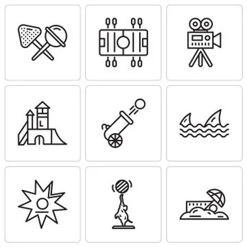Set Of 9 simple editable icons such as Sand, Elephant, Walk of fame, Sharks,  Illustrazione stock
