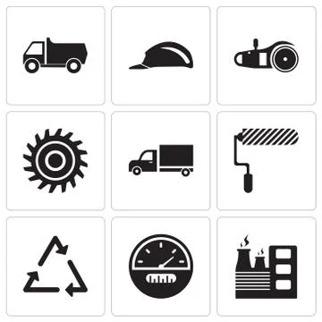 Set Of 9 simple editable icons such as factory, speedometer, triangle, roller イラスト素材