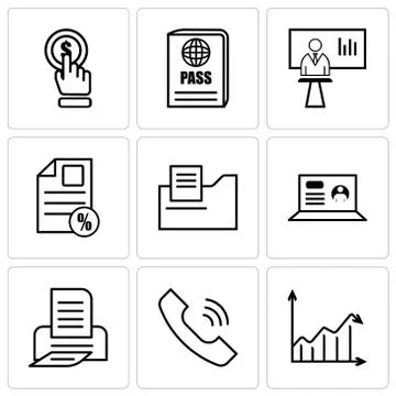 Set Of 9 simple editable icons such as Arrow analytc, call, print, laptop, do Stock-Illustration