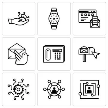 Set Of 9 simple editable icons such as User, User, Settings, email box, Phone Stock Illustration