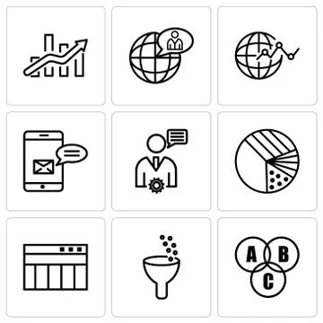Set Of 9 simple editable icons such as Data interconnected, Data analytics, T Stock Illustration