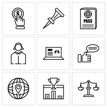 Set Of 9 simple editable icons such as scales, 1st place, location, comment,  Stock Illustration