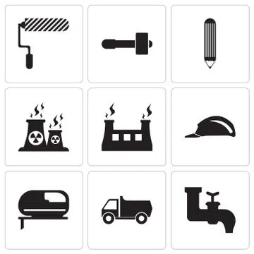 Set Of 9 simple editable icons such as faucet, truck, grinder, header, fabric Illustrazione stock
