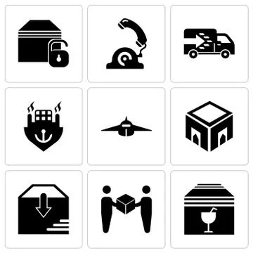Set Of 9 simple editable icons such as Delivery package box with fragile cont Illustrazione stock