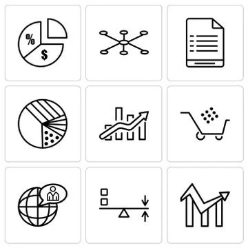 Set Of 9 simple editable icons such as Chart, Sun Flare, Global user, Cart gr Stock-Illustration