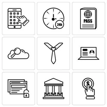 Set Of 9 simple editable icons such as click, government building, unlock, la Ilustración de archivo
