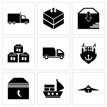Set Of 9 simple editable icons such as Airplane frontal view, Sea ship with c Stock Illustration