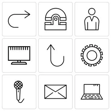 Set Of 9 simple editable icons such as Laptop, Closed envelope, Voice recorde Stock Illustration