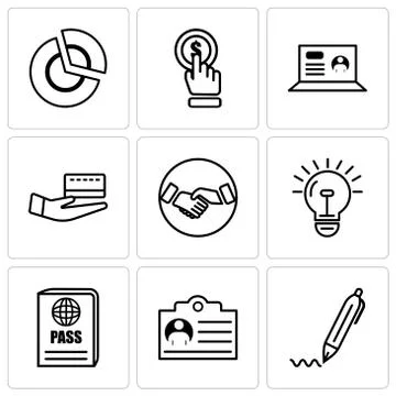 Set Of 9 simple editable icons such as pen, document, passport, bulb, hand sh Stock Illustration