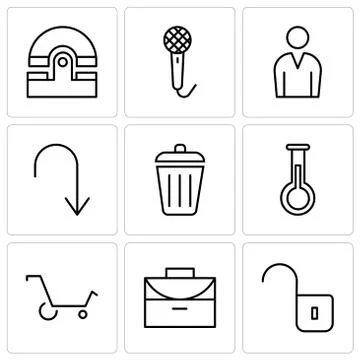 Set Of 9 simple editable icons such as Unlocked padlock, Office briefcase, Sh Stock Illustration
