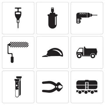 Set Of 9 simple editable icons such as train, nipper, capsule, truck, header, Stock Illustration