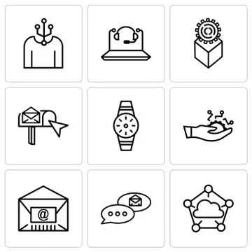 Set Of 9 simple editable icons such as Cloud computing, email chat, Mail, Dev Stock Illustration