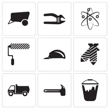 Set Of 9 simple editable icons such as colour bucket, hammer, truck, tie, hea Illustrazione stock