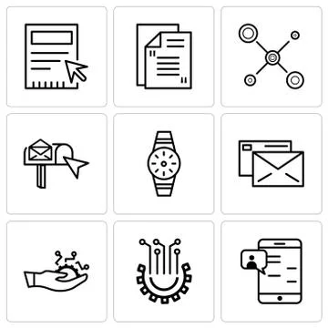 Set Of 9 simple editable icons such as Chat in Smartphone, Settings, Developm Stock Illustration