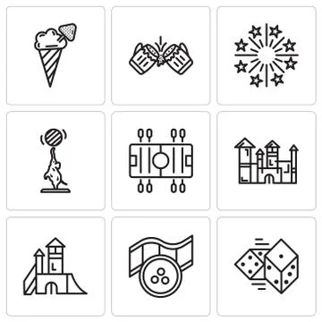 Set Of 9 simple editable icons such as Dices, Movie, Playground, Disneyland,  Illustrazione stock